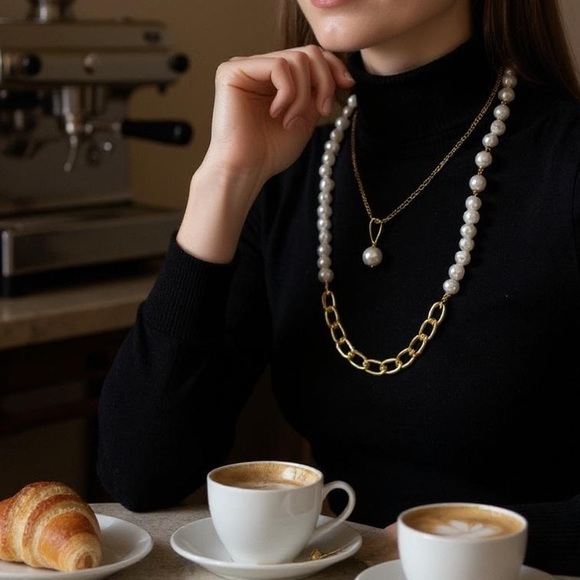 Faux pearls & Gold plated chunky necklace with a square charm - Picture 1 of 6